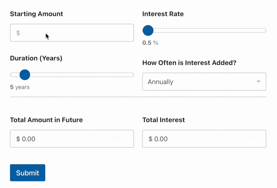 Compound Interest Calculator with Adjustable Parameters and Results - WPForms Compound interest calculator with adjustable parameters and results
