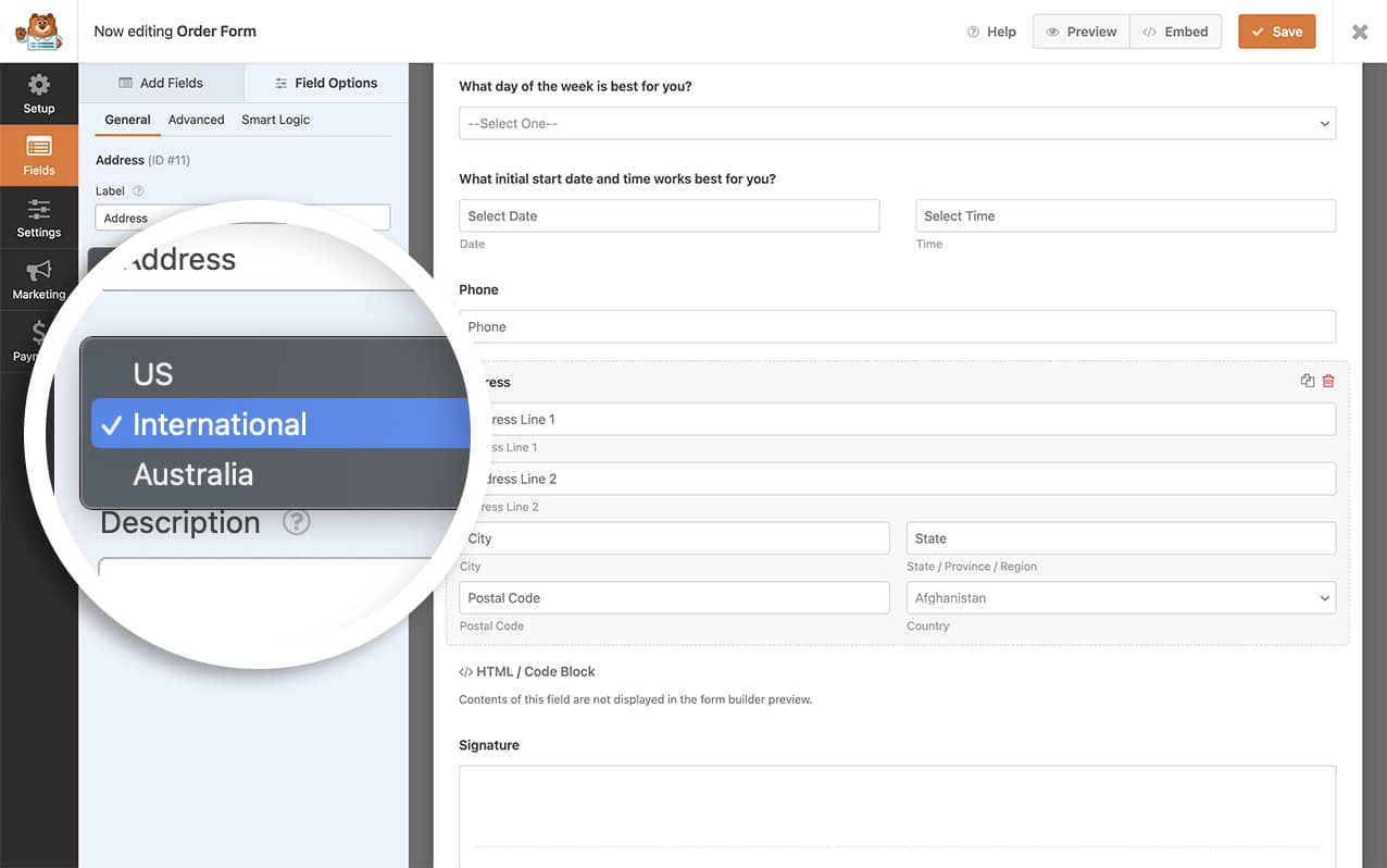 WPForms custom address scheme in the form builder - WPForms you can now select the additional schemes for the address field from the Schemes dropdown on the Address form field.