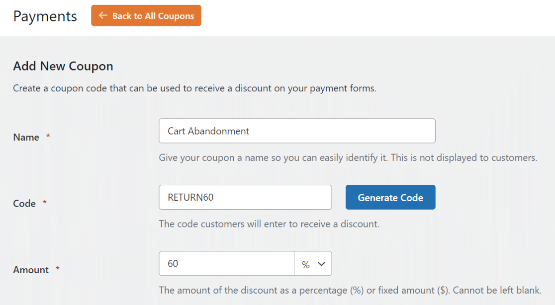 Creating an abandonment coupon in WPForms