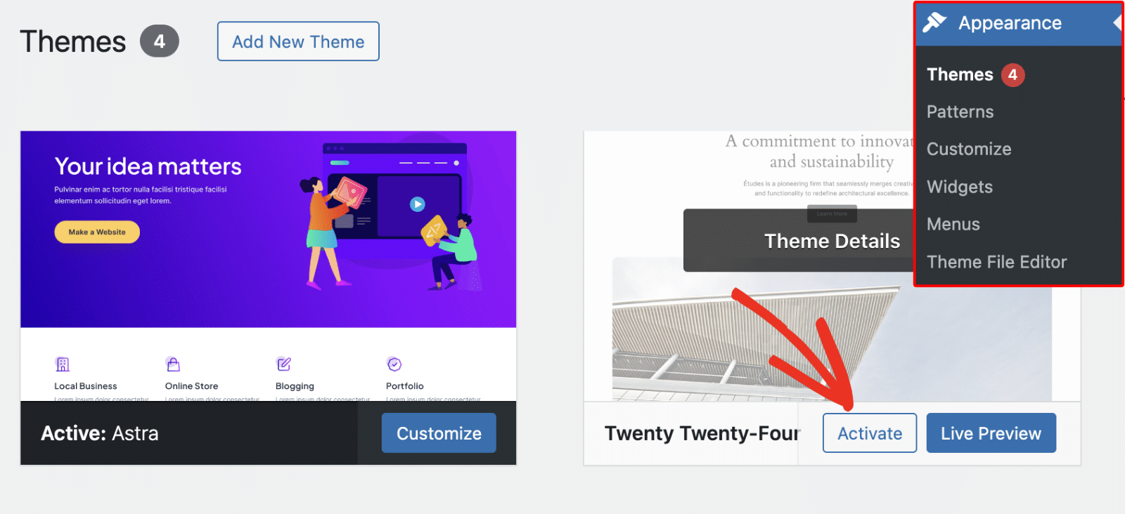 Click the Activate Button Activate default theme