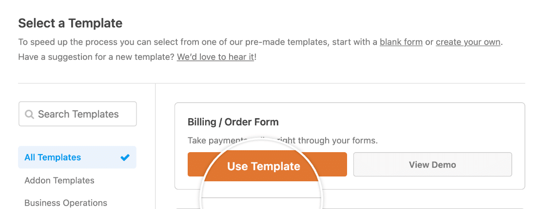 Billing Order Form Template - WPForms Selecting the Billing/Order Form template
