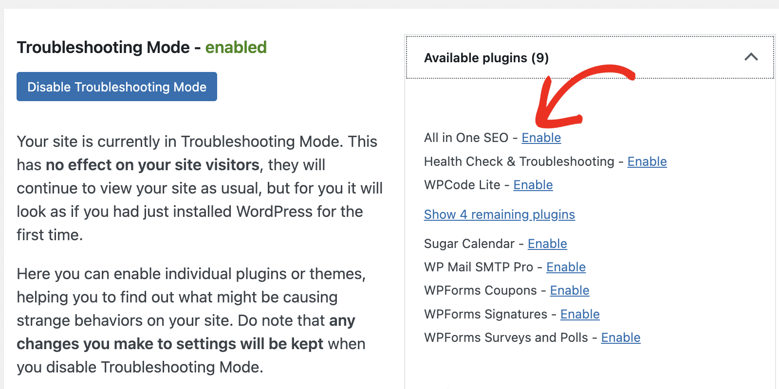 Enable Plugin in Troubleshooting Mode Enable plugin in Troubleshooting Mode