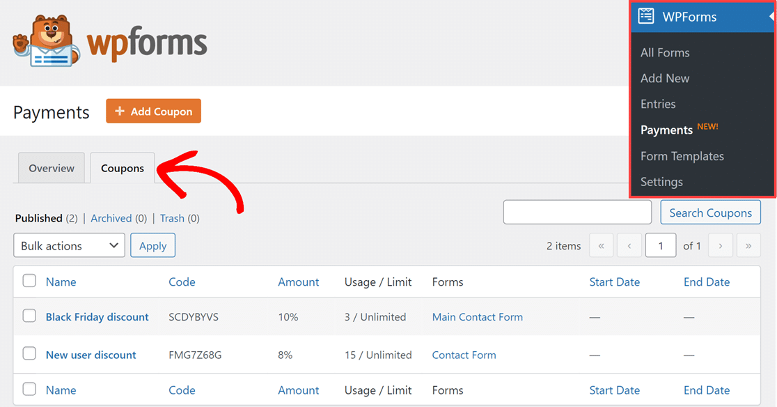 Coupons Tab Payments Page - WPForms Coupons tab in Payments page