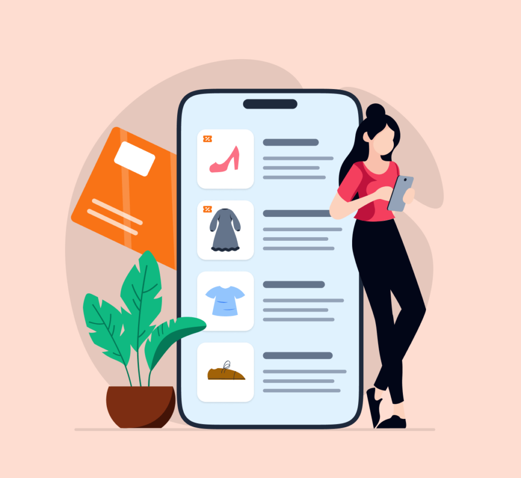Illustration of Woman Shopping on a Smartphone - WPForms Illustration of woman shopping on a smartphone