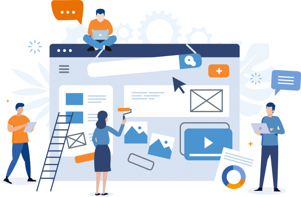 Illustration of People Customizing a Webpage with Tools - WPForms Illustration of people customizing a webpage with tools