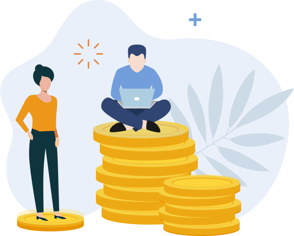 Illustration of People with Stacks of Coins and Laptop - WPForms Illustration of people with stacks of coins and laptop
