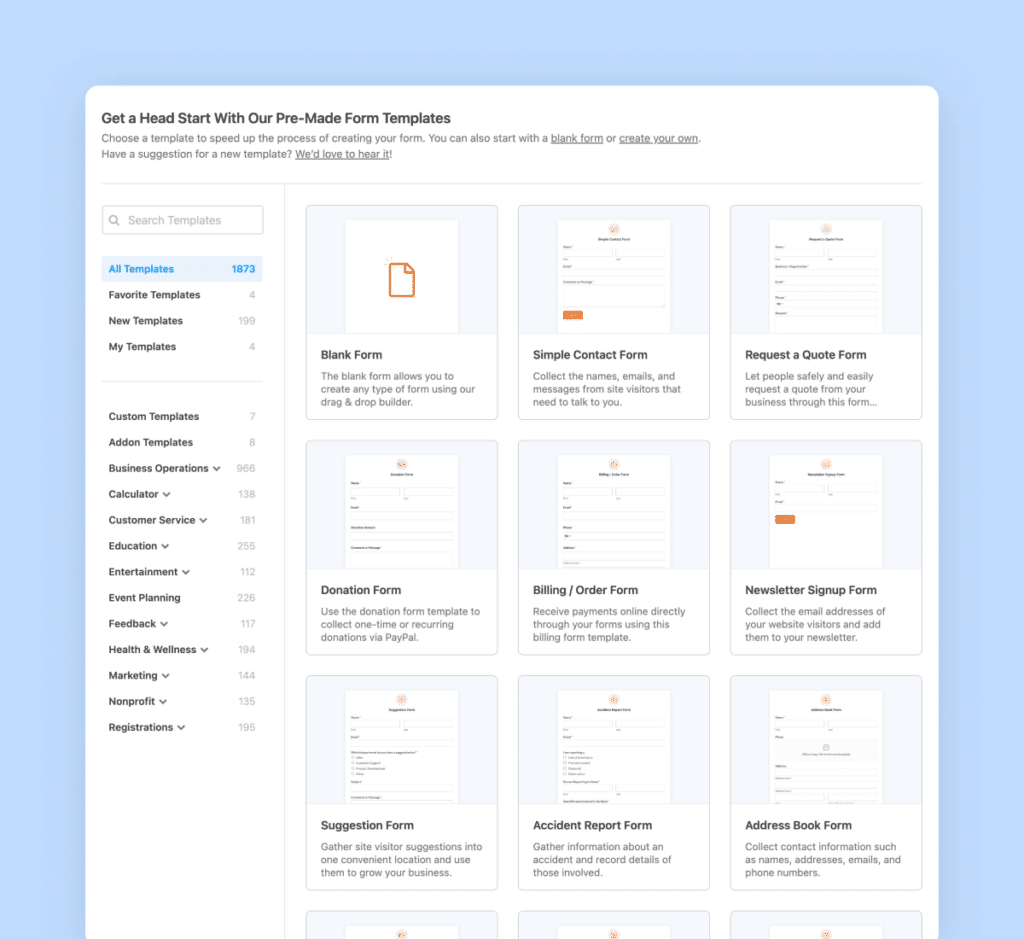 Form templates selection page with various form options displayed
