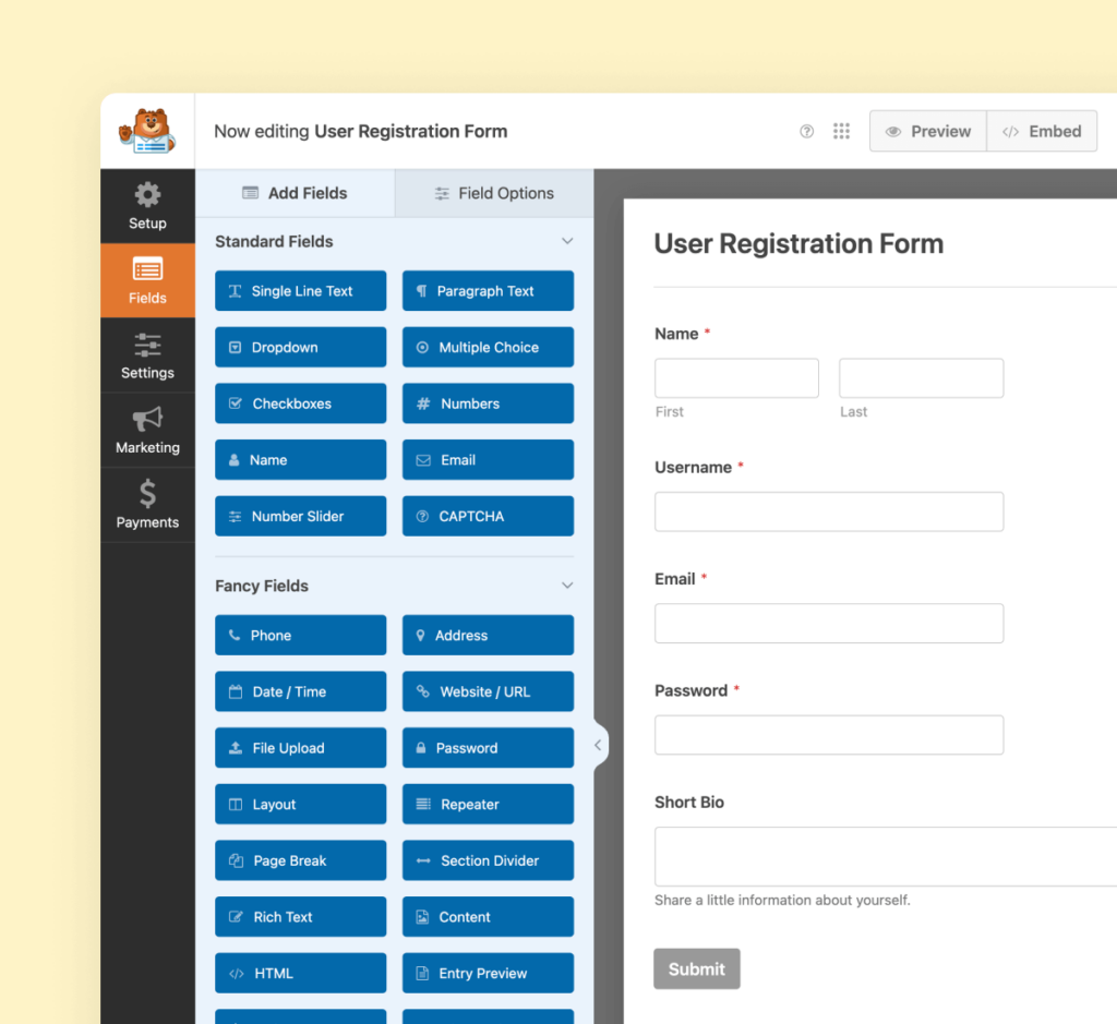 User registration form creation interface with various field options
