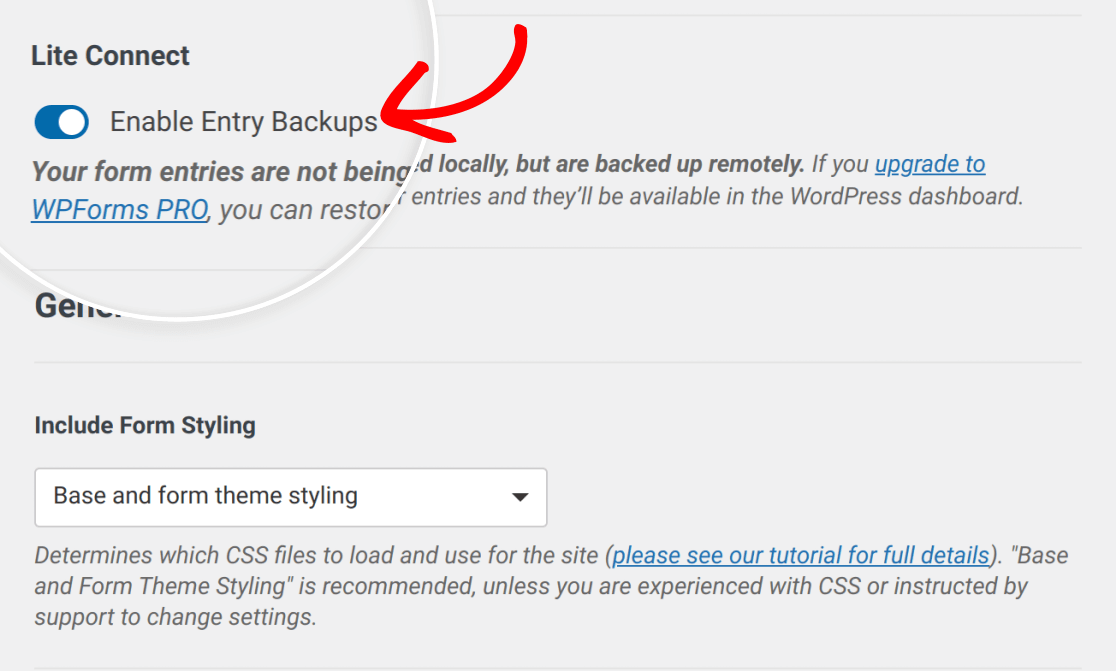 lite-connect-enabled-in-settings - WPForms Entry backups enabled in WPForms settings
