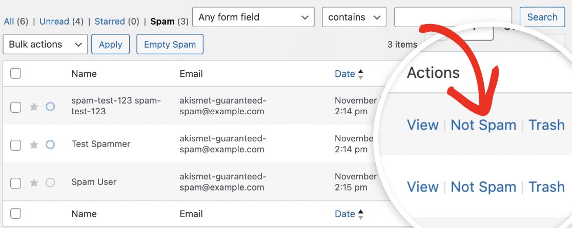 mark-not-spam - WPForms Mark entry as not spam