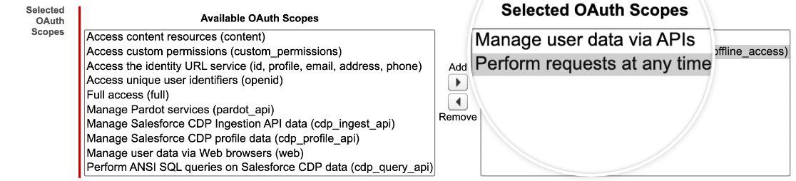 Adding selected OAuth scopes in Salesforce