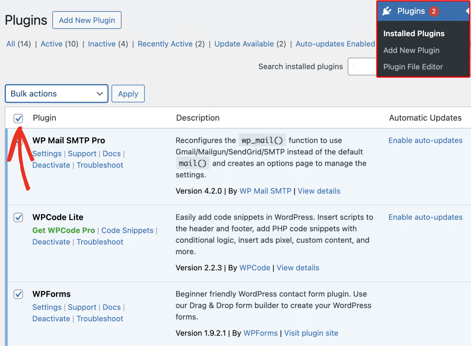 Access Plugins Page and Select all Plugins Access plugins page and select all plugins
