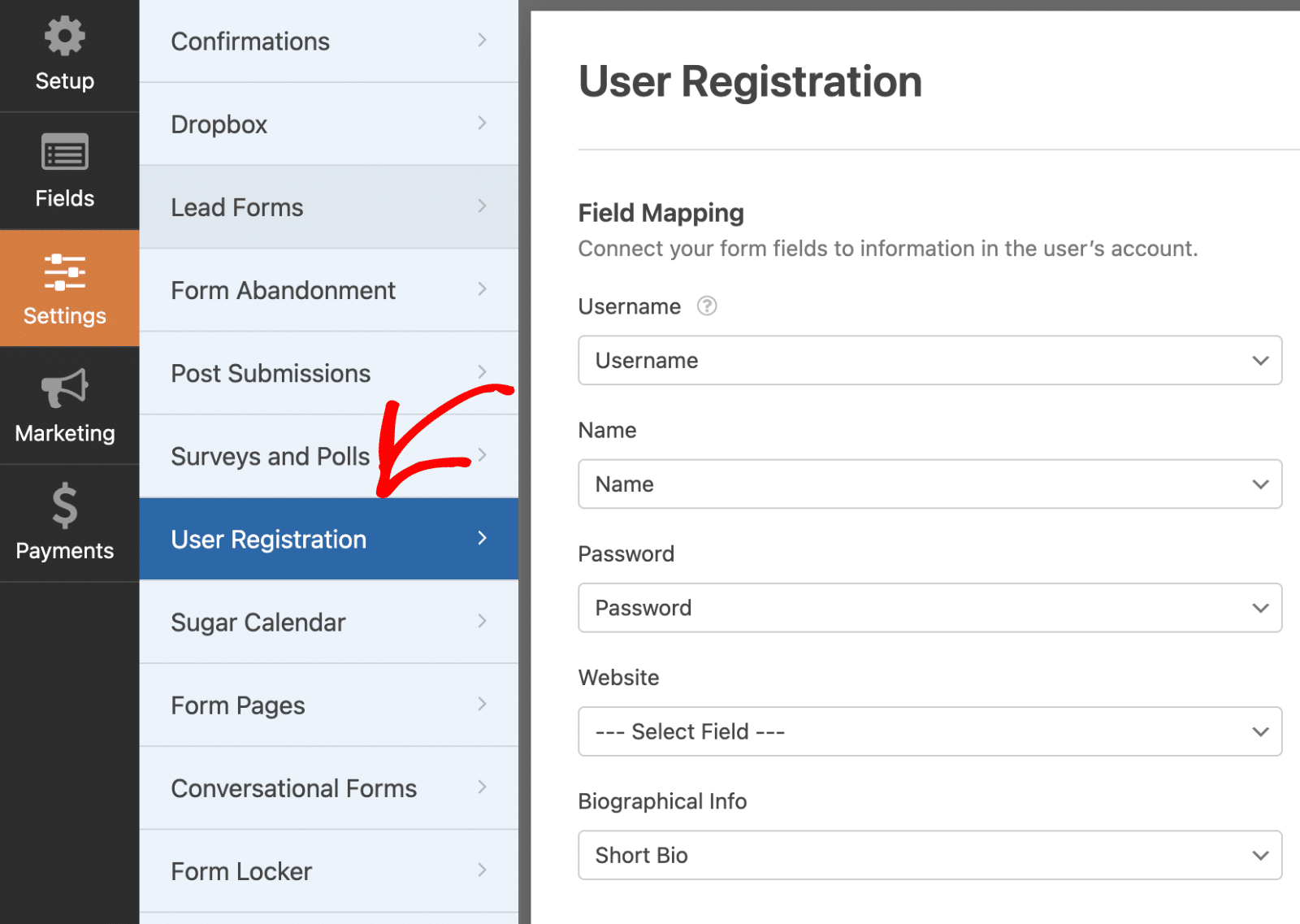 Customize the User Registration Addon Form Settings Access User Registration addon settings