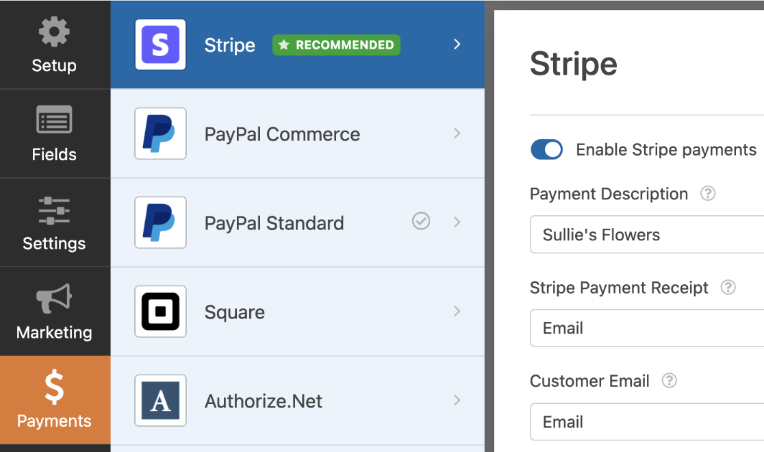 Stripe Settings Page in the Form Builder Stripe settings page in the form builder