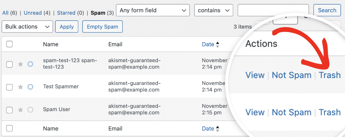 delete-spam-entry - WPForms Click delete to remove spam entry