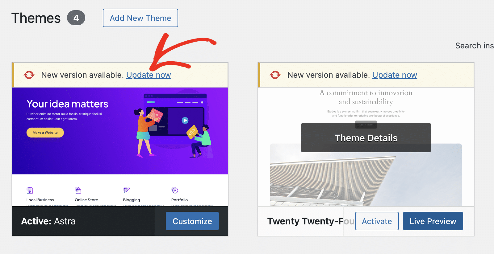 Updating WordPress Themes Click Update now to update your theme