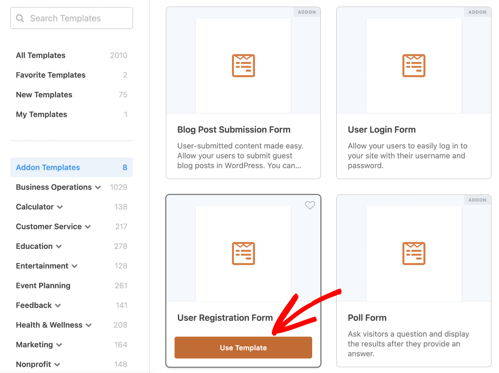 Click the Use Template Button Click Use Template to create a user registration form