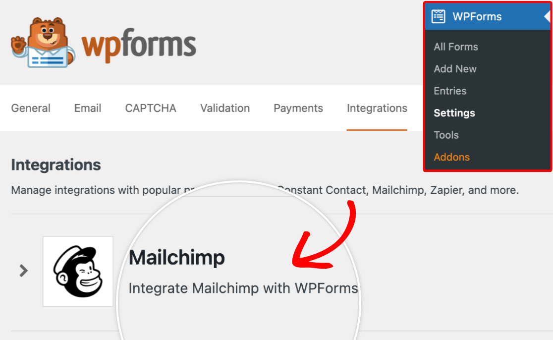 wpforms-settings-integrations-mailchimp - WPForms Opening the Mailchimp integrations settings in WPForms