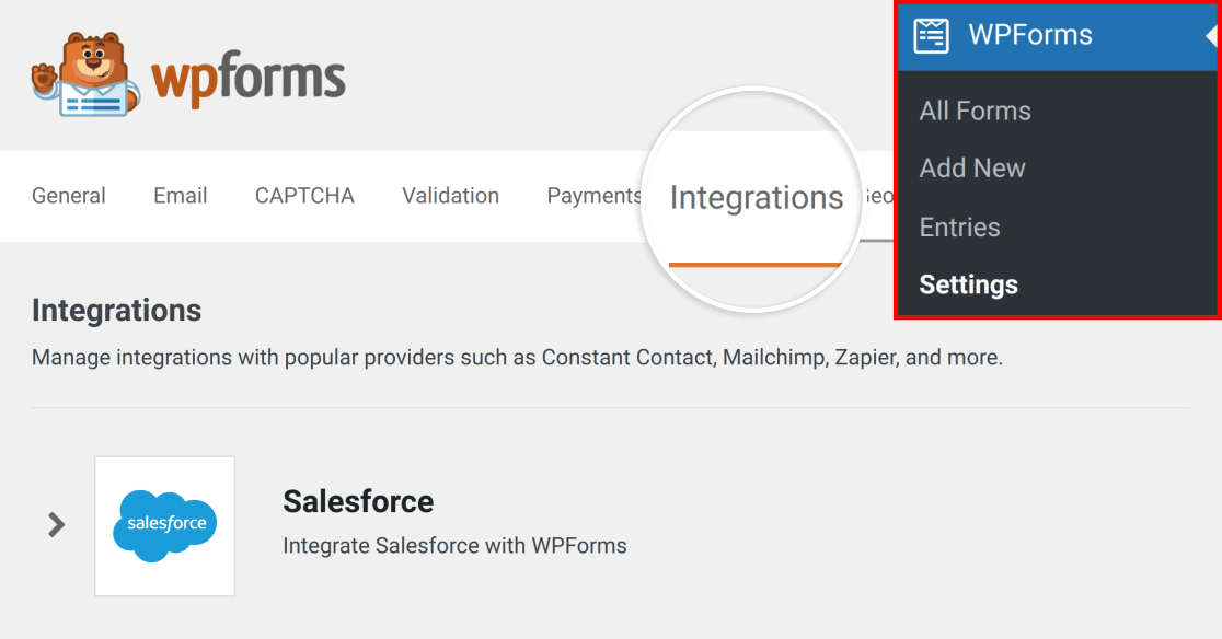 wpforms-settings-integrations-salesforce - WPForms Accessing the Salesforce settings in WPForms