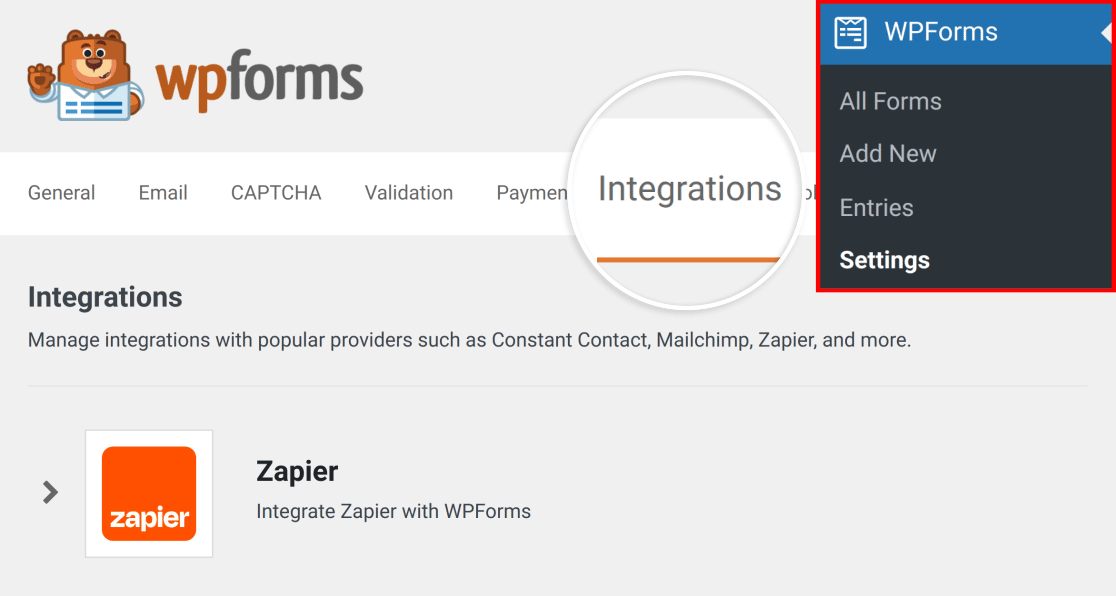 wpforms-settings-integrations-zapier - WPForms Opening the WPForms integrations settings
